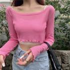 Long-sleeve Plain Cropped Top Rose Pink - One Size