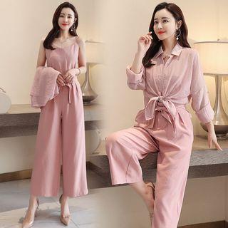 Set: Plain Shirt + Cami Top + Wide Leg Pants