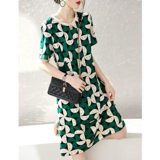Short-sleeve Retro Print Midi A-line Dress