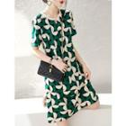 Short-sleeve Retro Print Midi A-line Dress