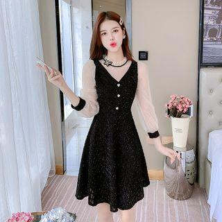 Long-sleeve Mesh-panel Mock Two Piece Dress