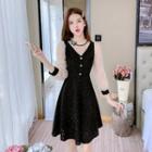 Long-sleeve Mesh-panel Mock Two Piece Dress