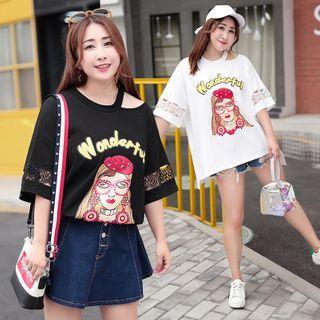 Elbow-sleeve Printed Lace Trim T-shirt