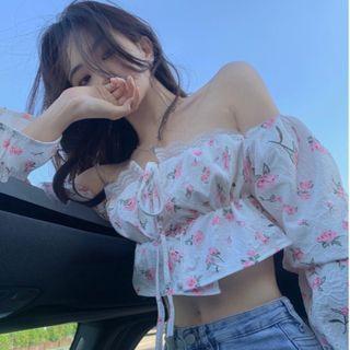 Puff-sleeve Floral Cropped Blouse Floral - Pink - One Size