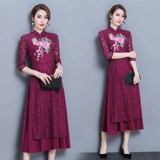 Elbow-sleeve Qipao Embroidered Midi Dress