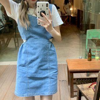 Short-sleeve Plain T-shirt / Mini Denim Overall Dress