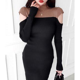 Cutout-shoulder Two-tone Knit Dress