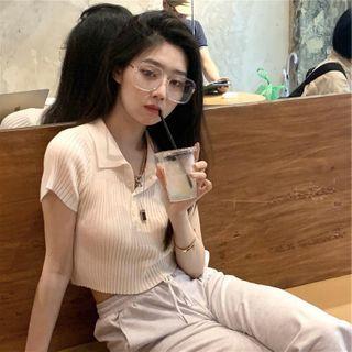 Short-sleeve Polo-neck Ribbed Knit Top Beige - One Size