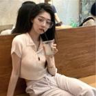 Short-sleeve Polo-neck Ribbed Knit Top Beige - One Size