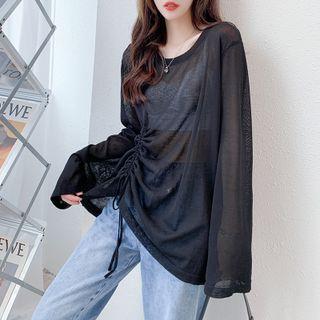 Long-sleeve Drawstring Sheer Knit Top