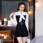 Set: Long-sleeve Bow-neck Belted Peplum Top + Shorts