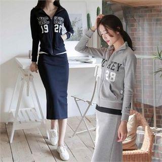 Set: Mickey Mouse Print Jacket + Slit-hem Midi Skirt