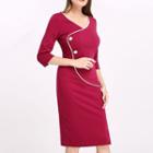V-neck Contrast Trim 3/4-sleeve Midi Sheath Dress