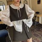 Set: V-neck Cropped Vest + High Waist A-line Skirt