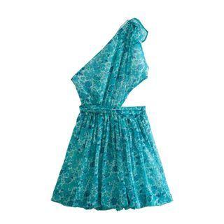One-shoulder Floral Print Cutout A-line Dress
