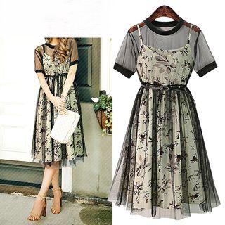 Set: Mesh Short Sleeve Dress + Floral Print Spaghetti Strap Dress
