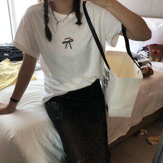 Short-sleeve Beaded Bow T-shirt