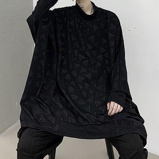 Dolman-sleeve Geometric Print Top Black - One Size