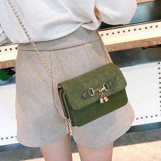 Faux Suede Buckled Shoulder Bag With Chain Strap Black - One Size