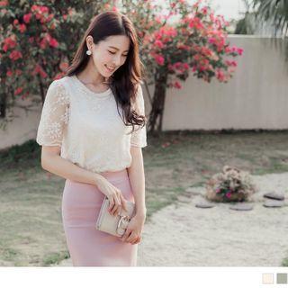 Crochet Trim Round Neck Plain Lace Top