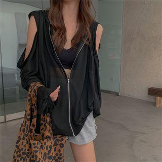 Cutout Puff Sleeve Zip Hooded Jacket
