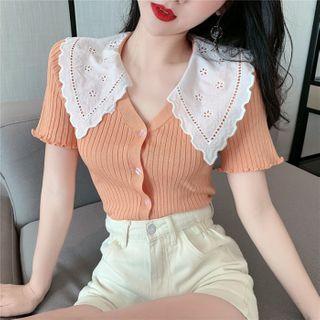 Short-sleeve Eyelet Lace Collar Button-up Knit Top