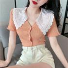 Short-sleeve Eyelet Lace Collar Button-up Knit Top