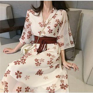 Flower Printed 3/4-sleeve Slim-fit Hanfu Dress Red - One Size