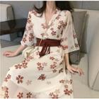 Flower Printed 3/4-sleeve Slim-fit Hanfu Dress Red - One Size