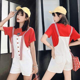 Set: Crew-neck Short-sleeve T-shirt + Denim Suspender Shorts