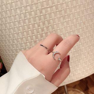 Set: Rhinestone Moon & Star Open Ring + Polished Ring Silver - One Size