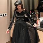 Long-sleeve Velvet Top / Maxi Mesh Skirt / Set