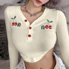 Long Sleeve V-neck Embroidered Crop Top