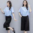 Set: Short-sleeve Frill Trim Buttoned Top + Cropped Wide-leg Pants