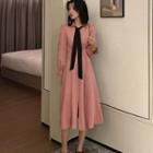 Collared Long-sleeve Midi A-line Dress Pink - One Size