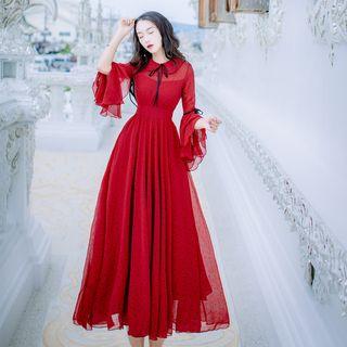 3/4-sleeve Polka Dot Ruffled Chiffon A-line Midi Dress