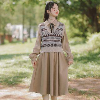 Set: Long-sleeve Button-up A-line Dress + Sweater Vest