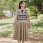 Set: Long-sleeve Button-up A-line Dress + Sweater Vest