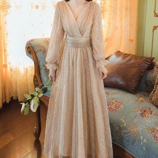 Long-sleeve Glitter Mesh Midi A-line Dress