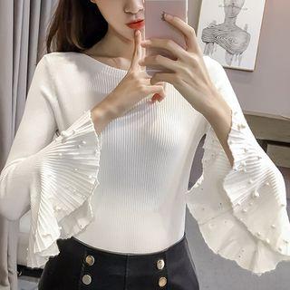 Faux-pearl Detail Long-sleeve Knit Top
