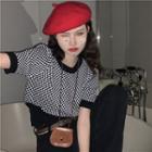Short-sleeve Check Knit Top Check - Black - One Size