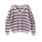 Striped V-neck Sweater Stripes - Pink & Purple & Yellow - One Size