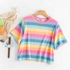 Rainbow Striped Short Sleeve Cropped T-shirt As Shown In Figure - One Size