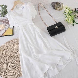Square-neck Mesh Panel Puff-sleeve Dress