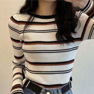 Long-sleeve Round Neck Striped Knit Top