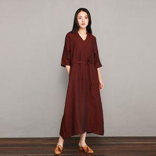 3/4-sleeve V-neck Linen Maxi A-line Dress Wine Red - One Size