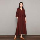 3/4-sleeve V-neck Linen Maxi A-line Dress Wine Red - One Size