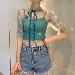 Set: Short-sleeve Mesh Top + Spaghetti Strap Top