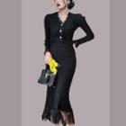 Set: Lace Trim Cropped Cardigan + Midi Pencil Skirt Black - One Size