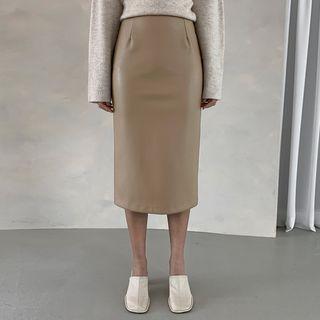 Button-back Faux-leather Midi Skirt